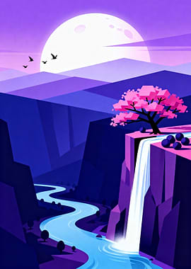 Stylized Landscape with Waterfall and Moon