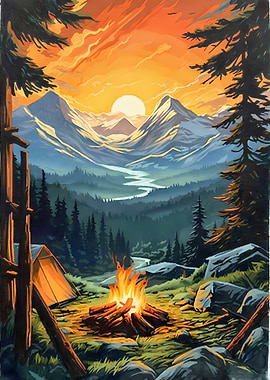 Camping in the Mountains at Sunset