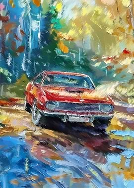 Red Car in Autumn Landscape Painting