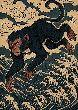 Monkey shio leaping over waves and clouds