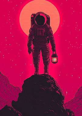 Astronaut with Lantern on Alien Planet