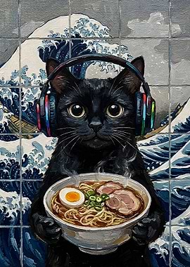 Gaming Black Cat with Ramen