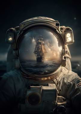 Astronaut and Sailing Ship Reflection