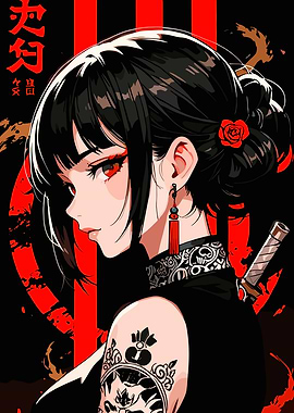 Anime Girl with Sword and Tattoos