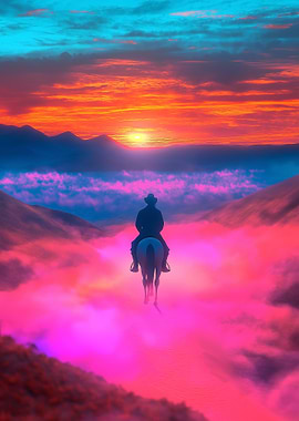 Cowboy on Horseback at Sunset