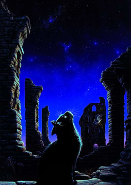 Black Cat Howling at Starry Night