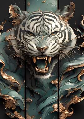 Roaring Tiger Teal and Gold Art