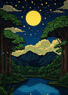 Moonlit River Landscape