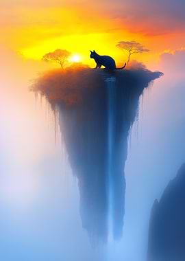 Floating Island with Cat Silhouette