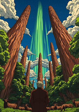 Mystical Forest with Green Light Beams