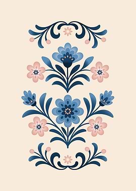 Floral Ornament in Blue and Pink