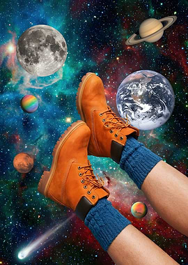 Cosmic Walk: Surreal Boots Floating Through Space