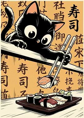 Cartoon Cat Stealing Sushi with Chopsticks