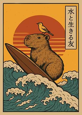 Capybara Surfing Poster, Cute Japanese Style Wall Art, Whimsical Animal Sunset Print