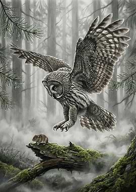 Owl Hunting Mouse in Misty Forest