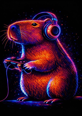 Capybara Gamer with Neon Headphones