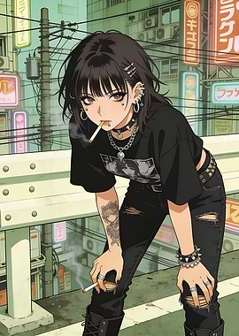 Anime Girl Smoking in Cityscape