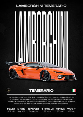 Lamborghini Temerario Orange Car Poster