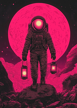 Astronaut with Lanterns on Alien Planet