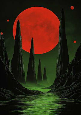 Alien Landscape with Red Moon