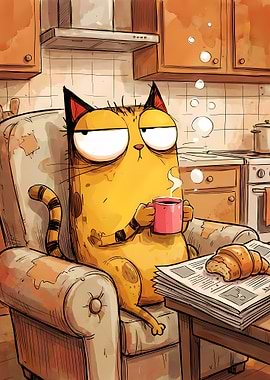Cartoon Cat Relaxing with Coffee