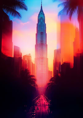 Tropical Cityscape with Towering Skyscraper