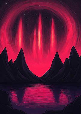Red Aurora over Mountain Lake