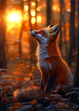Fox in Autumn Forest at Sunset