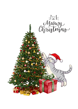 Meowy Christmas Cat with Tree