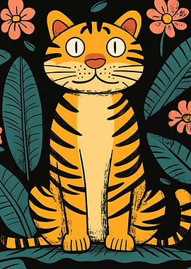 Cartoon Tiger with Floral Background