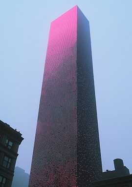 Pink Lit Skyscraper Against Blue Sky