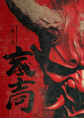 Red Oni Mask with Japanese Calligraphy