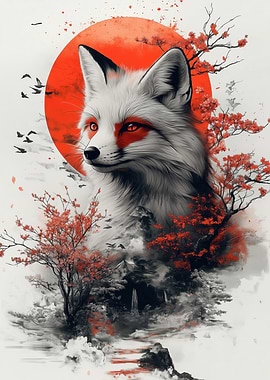 Fox and Red Moon Digital Art