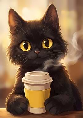 Black Cat with Coffee Cup