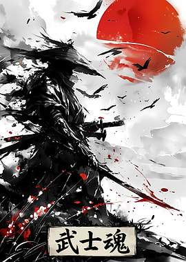 Samurai Warrior with Crows and Red Sun