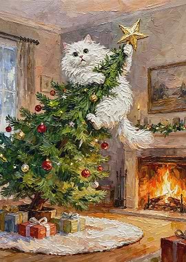 Cat Climbing Christmas Tree Painting