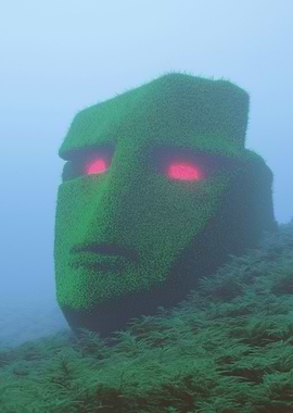 Grass-covered Moai with Glowing Eyes