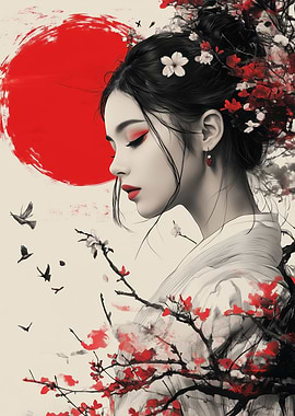 Japanese Woman with Red Sun and Blossoms