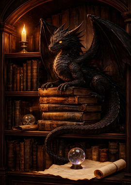 Dragon on Bookshelf with Crystal Ball