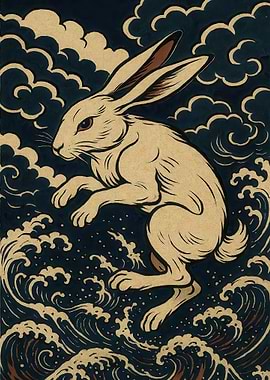 Rabbit shio in Waves and Clouds Art