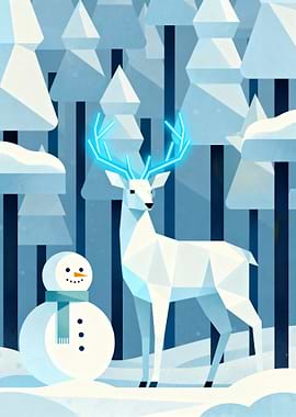 Geometric Deer and Snowman in Winter