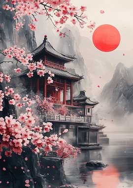 Japanese Temple with Cherry Blossoms