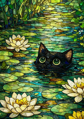 Stained Glass Cat in Lily Pond