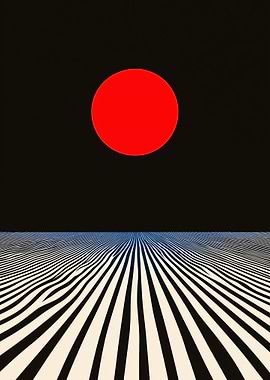 Red Sun Over Striped Landscape