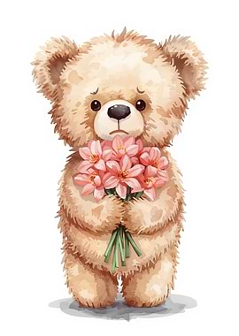 Sad Teddy Bear with Pink Flowers