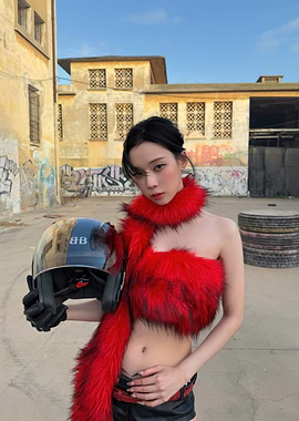 Woman with Helmet and Red Outfit