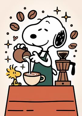 Snoopy Barista with Woodstock Coffee Art