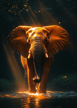 Elephant in Water with Golden Light