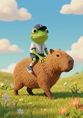 Frog Riding Capybara in a Meadow
