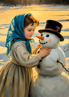 Girl and Snowman in Winter Landscape